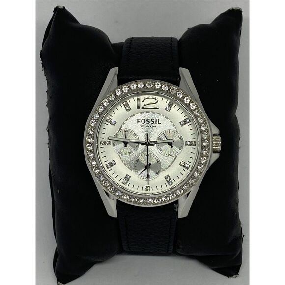 Fossil ES2203 Women's Black Leather Analog Silver Dial Quartz Wrist Watch EY731 - Picture 3 of 12